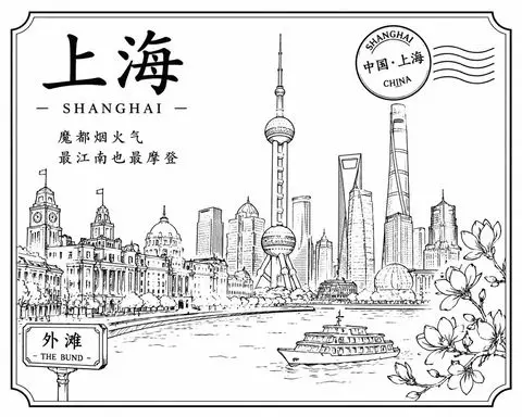 黑白线稿勾勒的上海风情