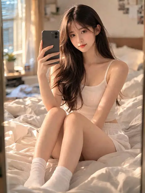 温馨卧室里的少女自拍