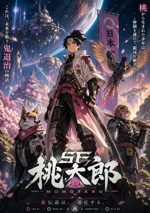 赛博科幻桃太郎主视觉图