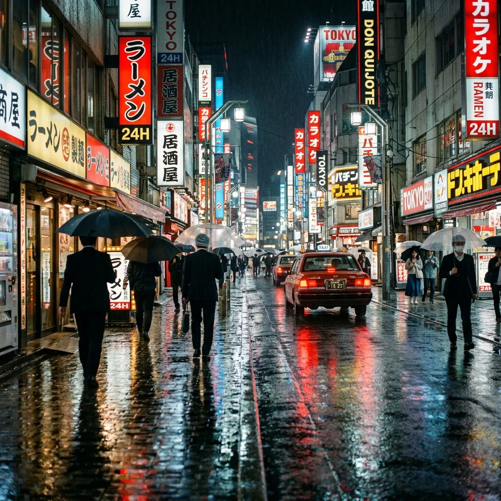 赛博朋克风东京雨夜霓虹街道