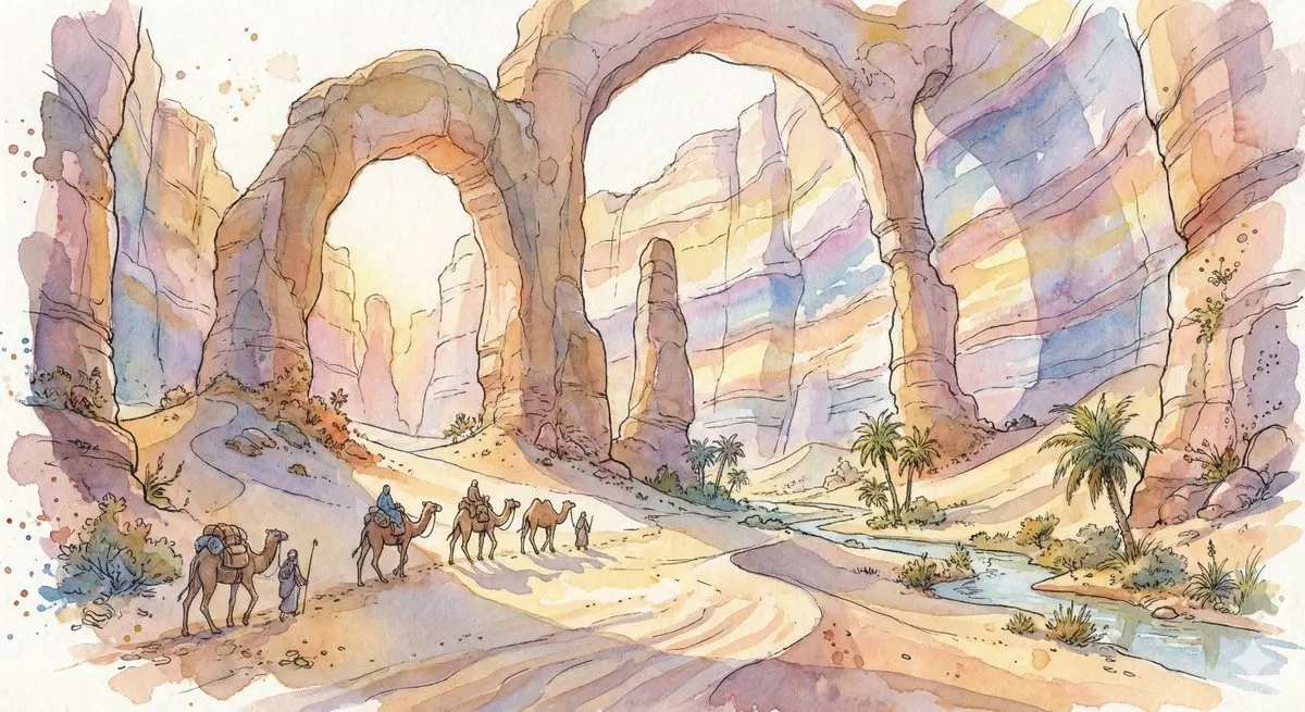 巨石峡谷绿洲的奇幻水彩商旅