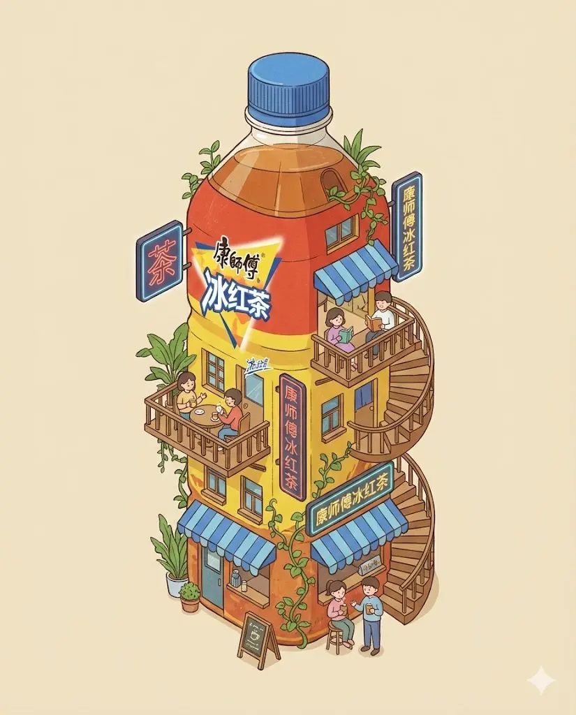 巨型可乐瓶变身繁华微型大楼的创意插画