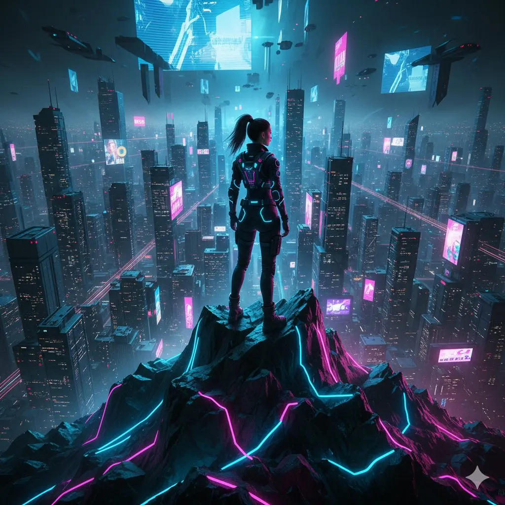 伫立赛博之巅俯瞰璀璨霓虹世界的少女