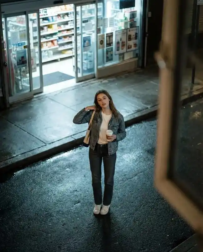 俯拍夜幕下的便利店少女