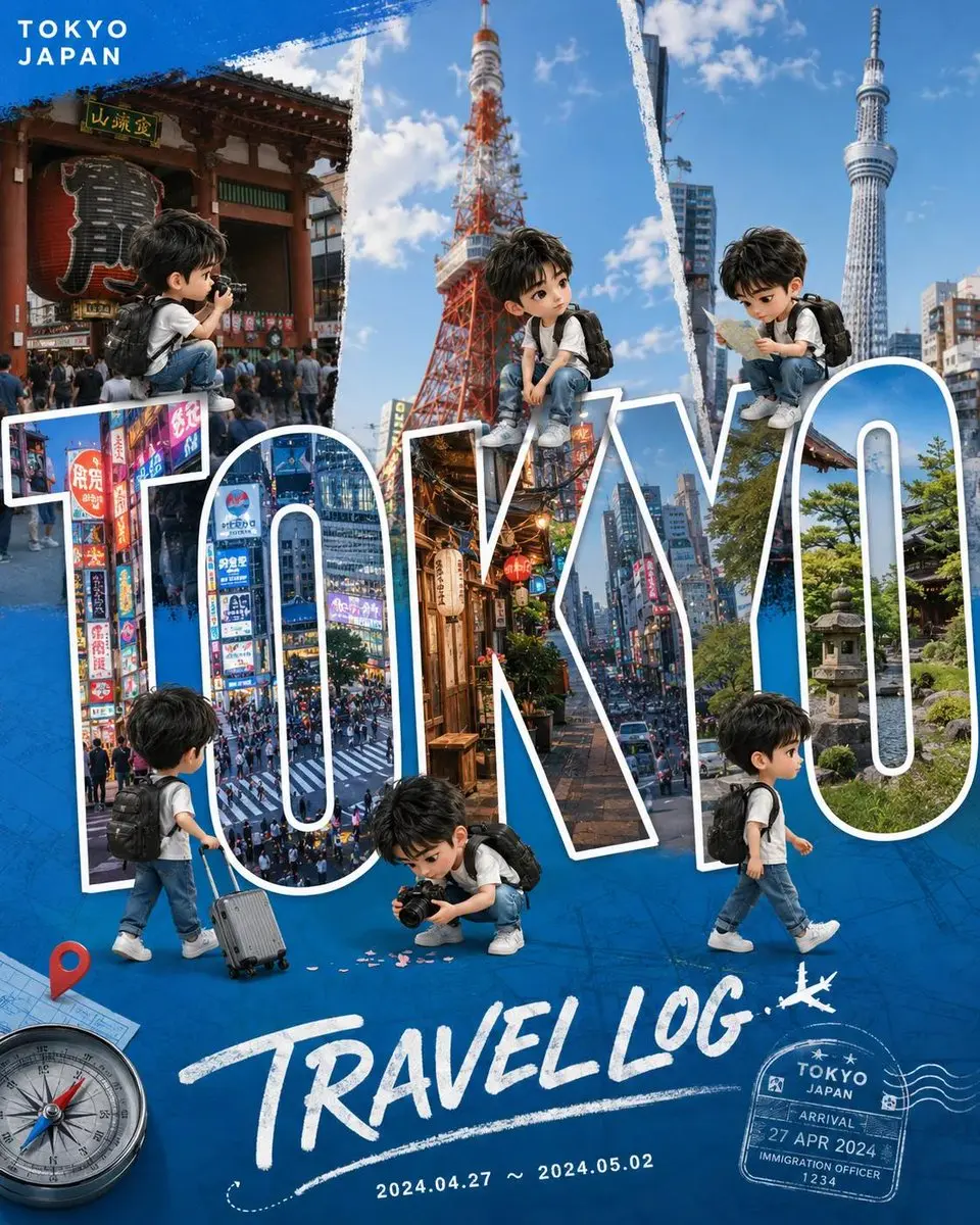 YouTube 缩略图 - Q 版旅行 Vlog 海报设计