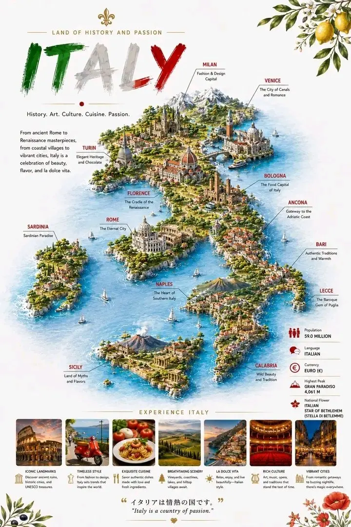 信息图 / 教育视觉图 - 意大利 3D 旅游信息图详图