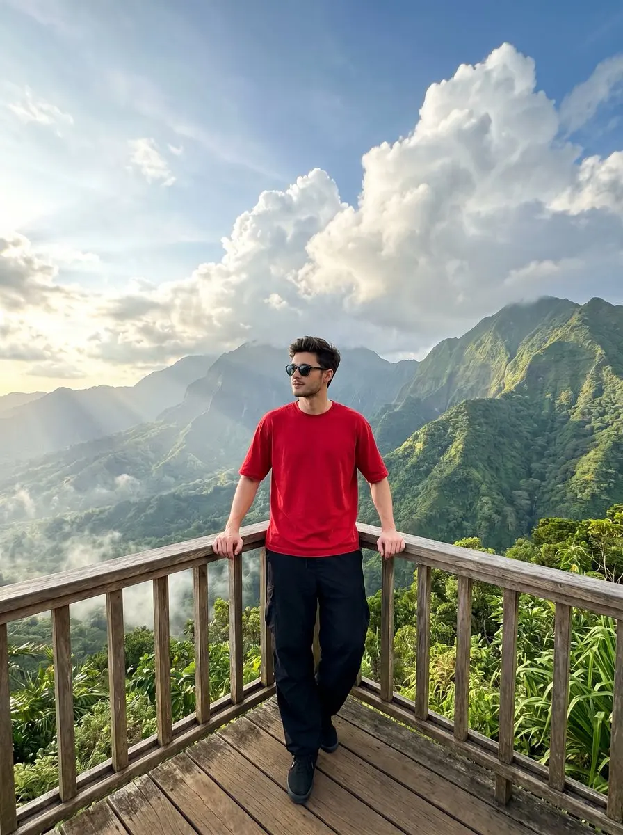社交媒体帖子 - 山顶观景台男士旅行照片