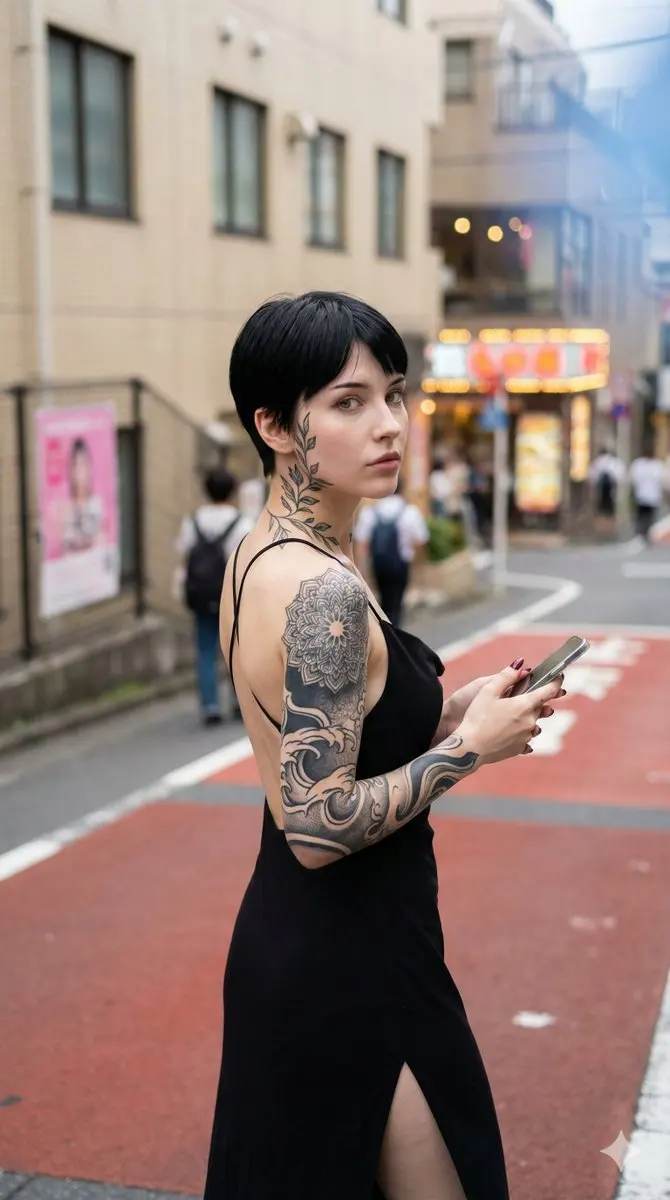 日系街头回眸的刺青黑裙少女