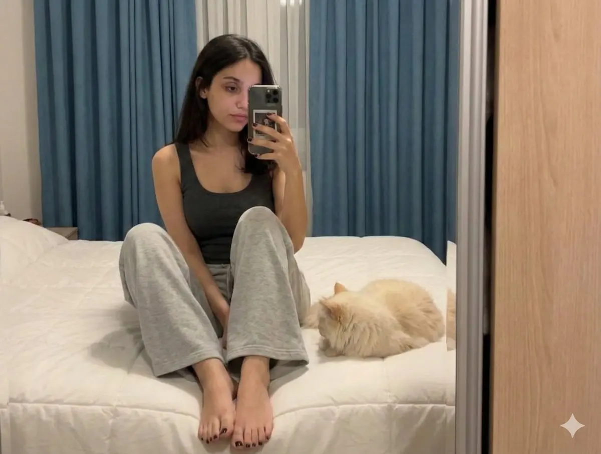 长发少女与猫咪的慵懒镜面自拍