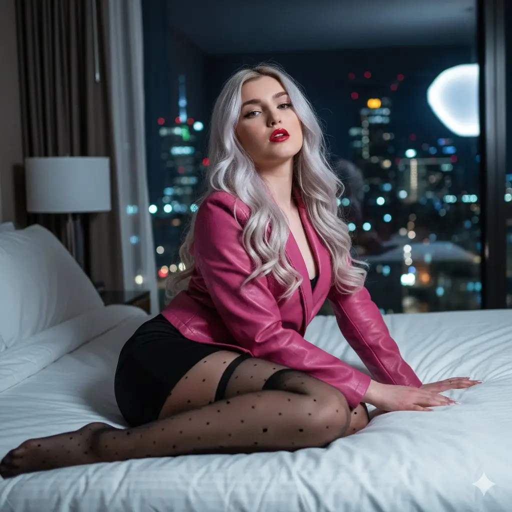 奢华酒店夜景下的魅惑金发女郎