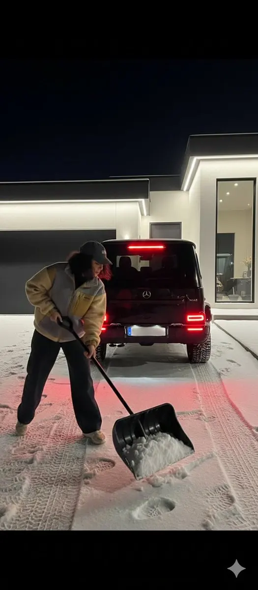 雪夜豪宅前的奔驰与扫雪少女