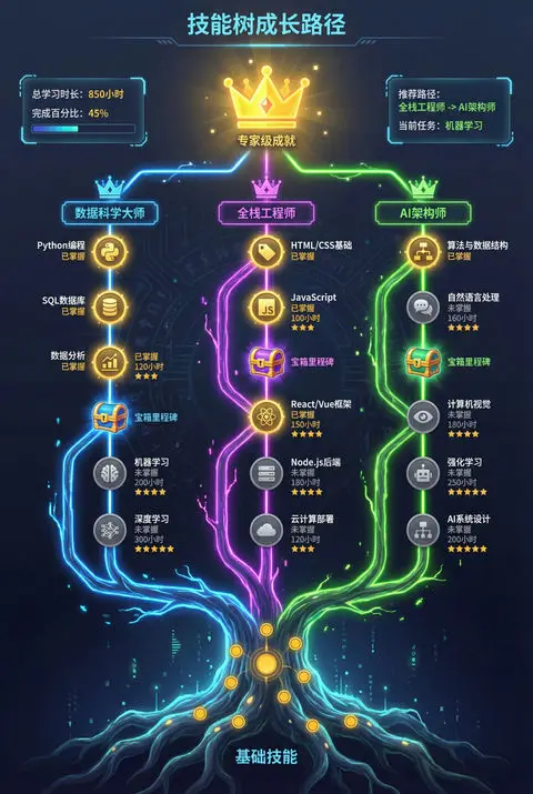 一张精美的技能树成长路径信息图