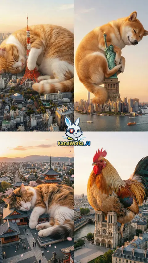 东京塔被一只超级巨大的猫占据