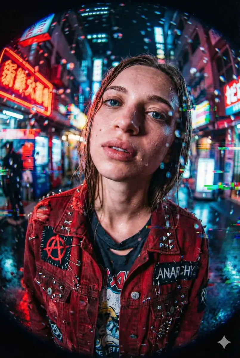 身披破旧红夹克的朋克少女在霓虹雨中狂奔