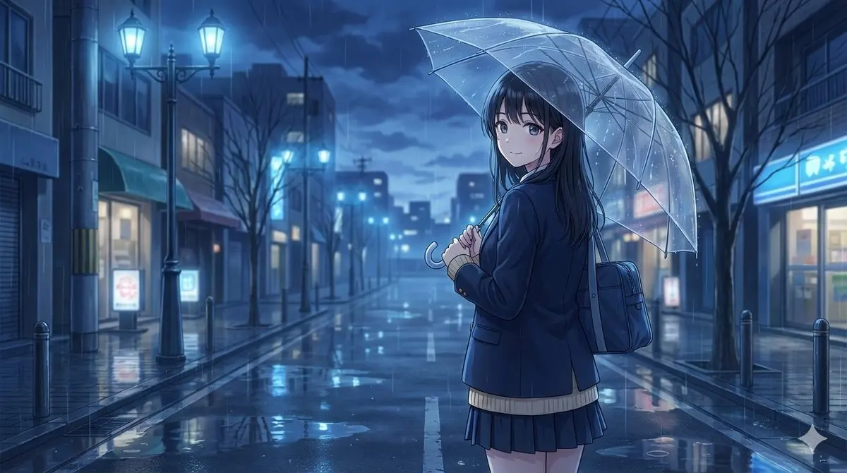 雨夜街头透明伞下的回眸
