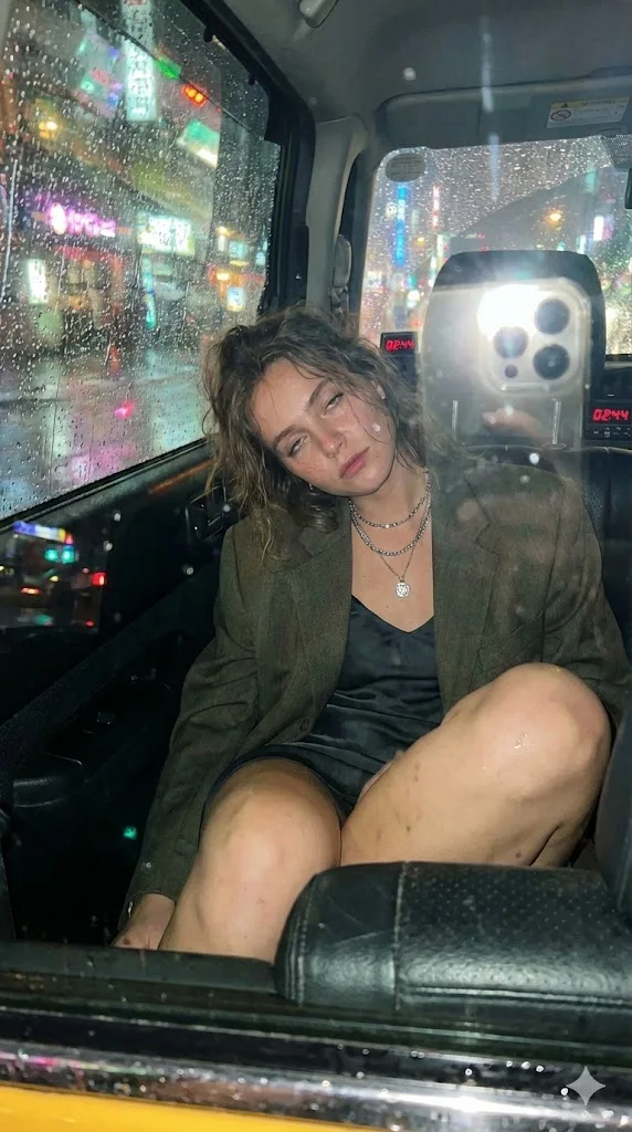 雨夜出租车里的慵懒迷人少女