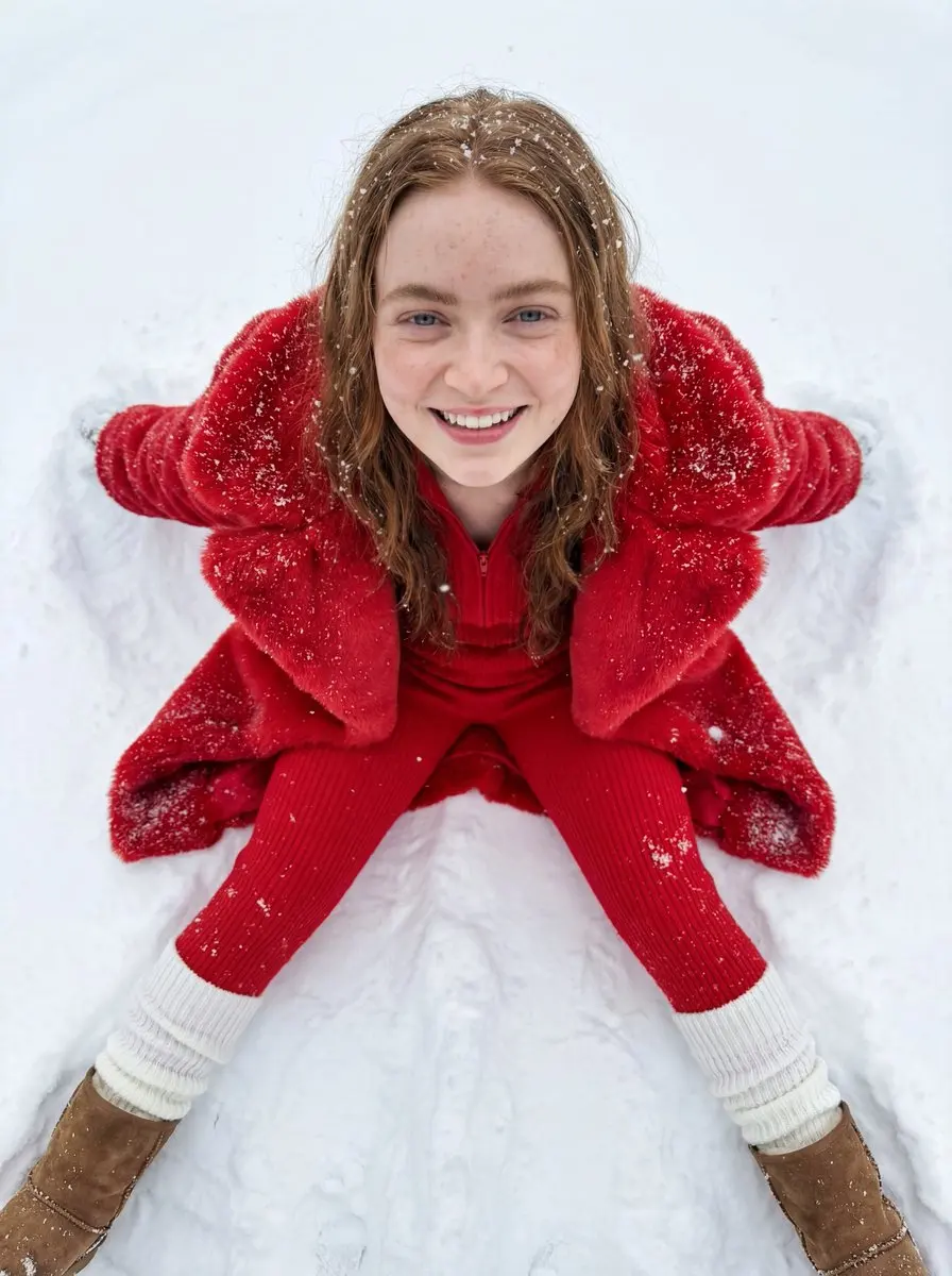 雪地红衣少女灿烂笑容超写实微距摄影