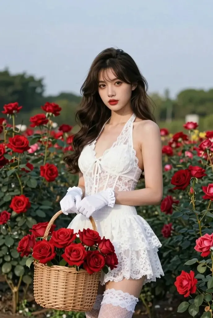 红玫瑰园中的白蕾丝少女唯美写真