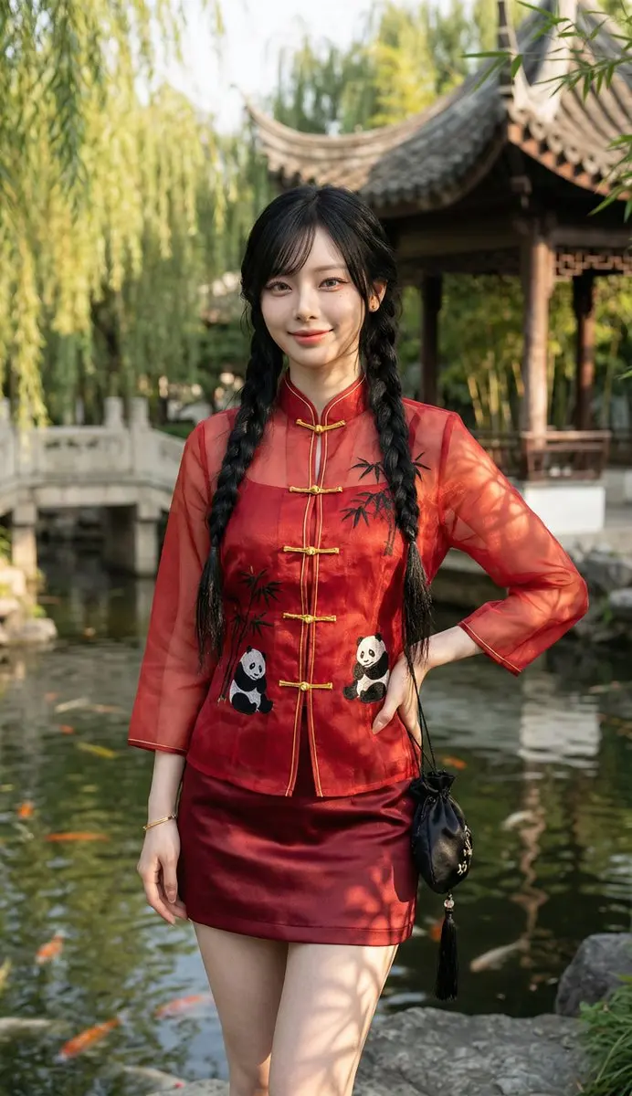 绿意园林里的绝美欧根纱旗袍少女