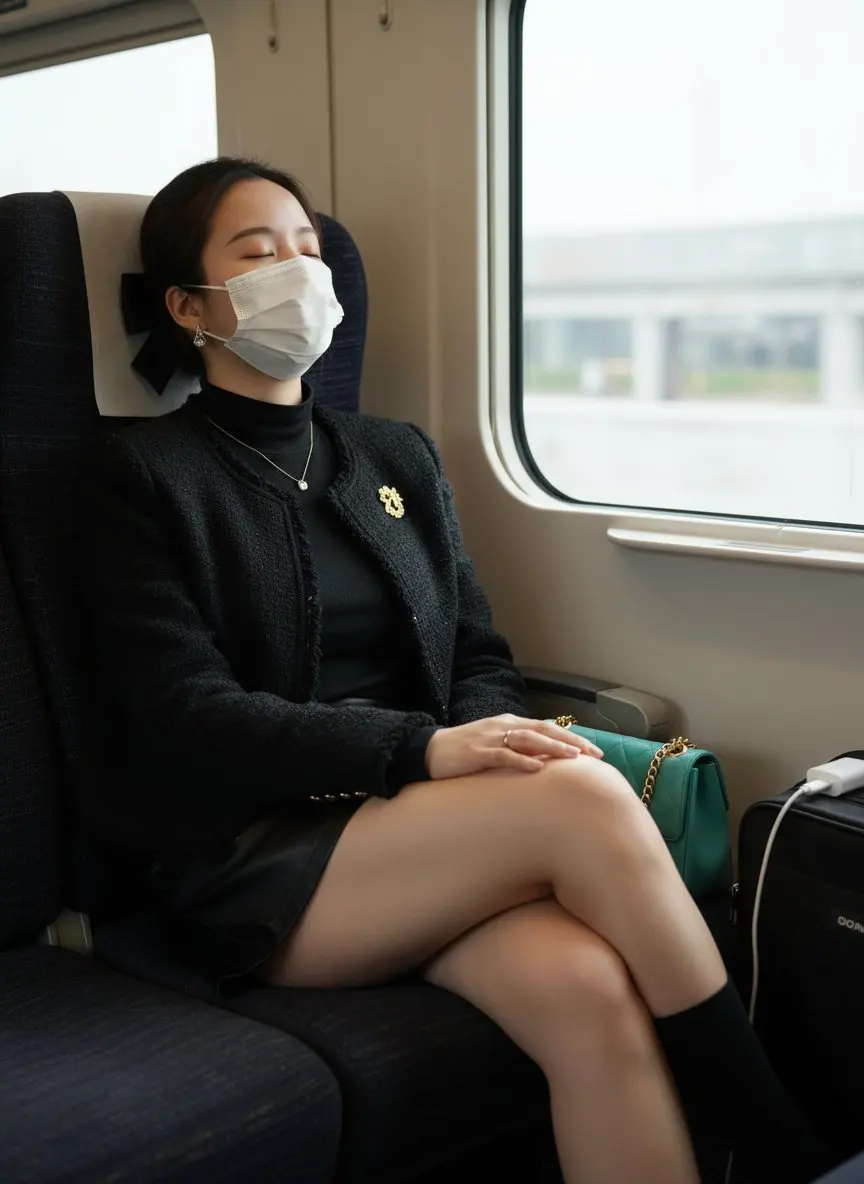 火车窗边沉睡的优雅黑发女郎