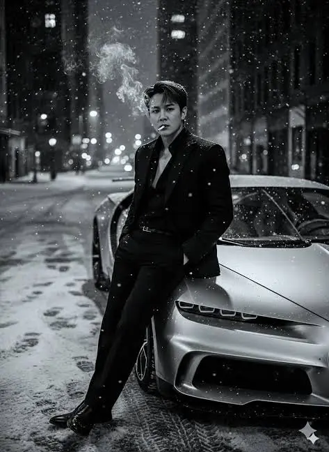 雪夜豪车旁的黑白光影冷酷绅士