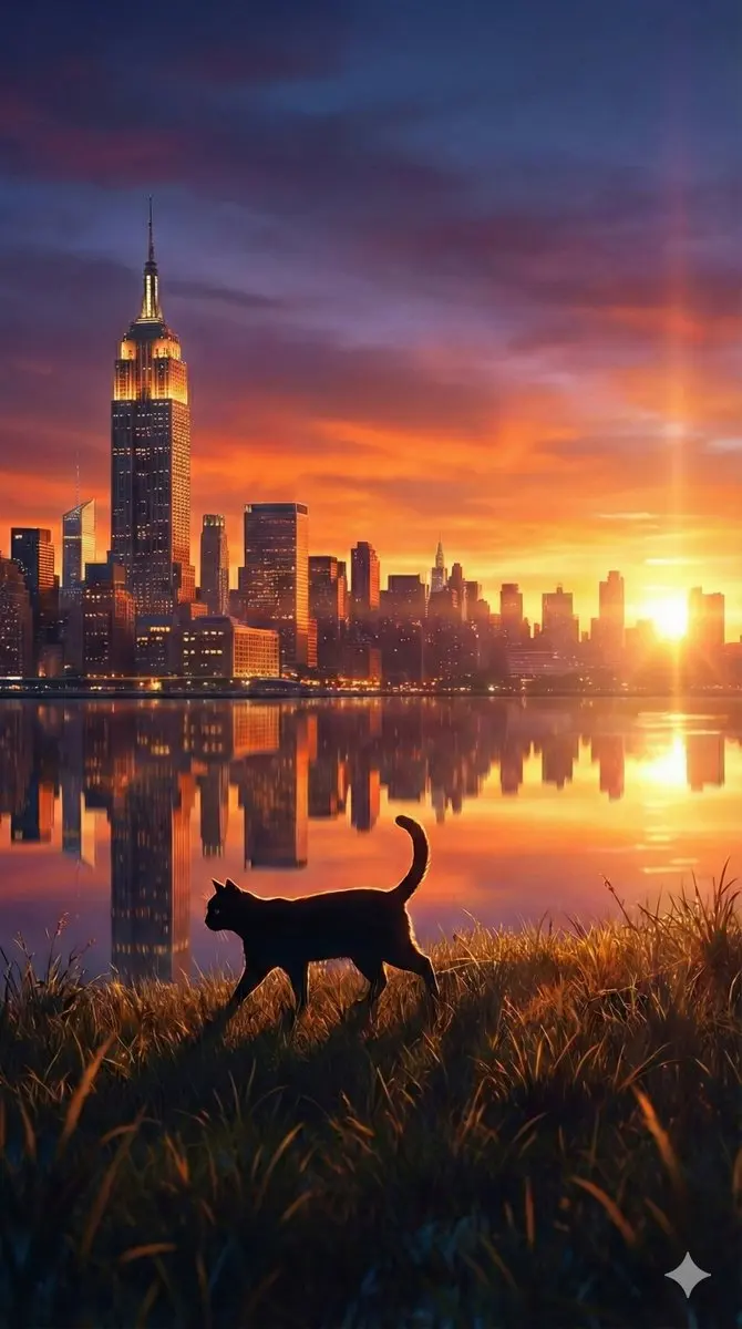 落日余晖下的黑猫与帝国大厦倒影