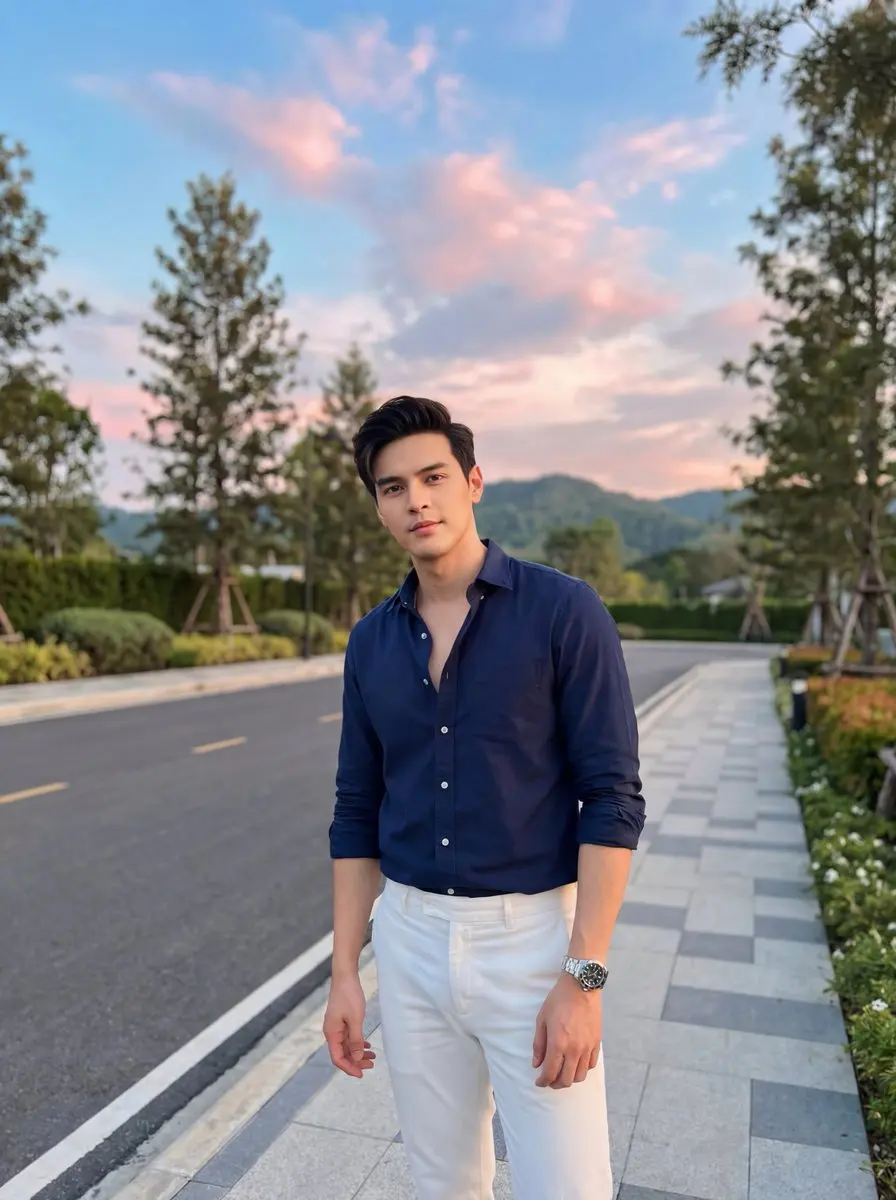夕阳下的摩登时尚男模