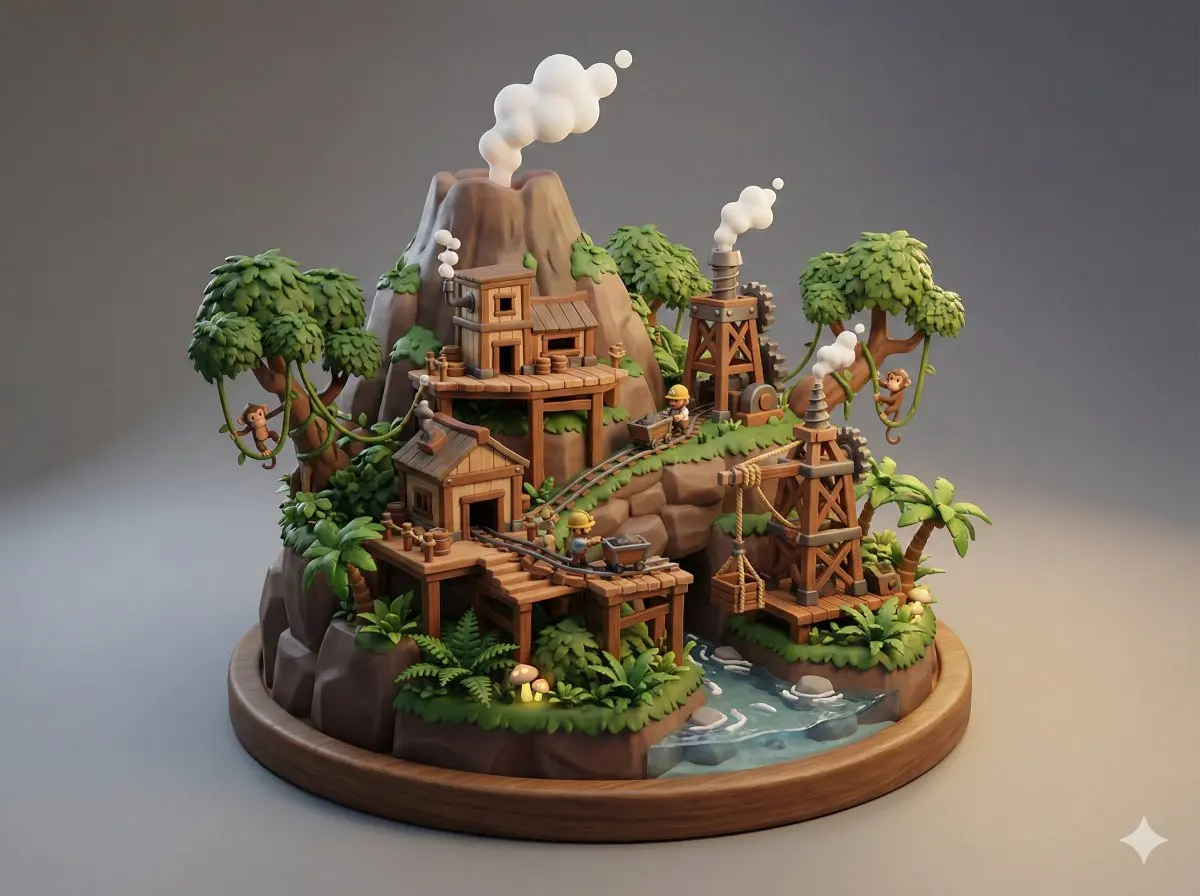 藤蔓缠绕的火山矿坑微缩盲盒