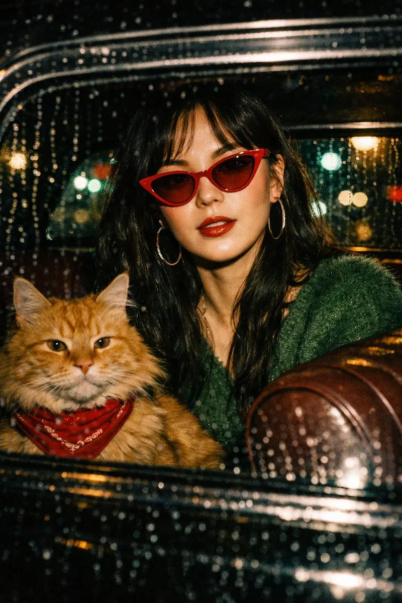 王家卫式雨夜复古女郎与橘猫的闪光灯大片