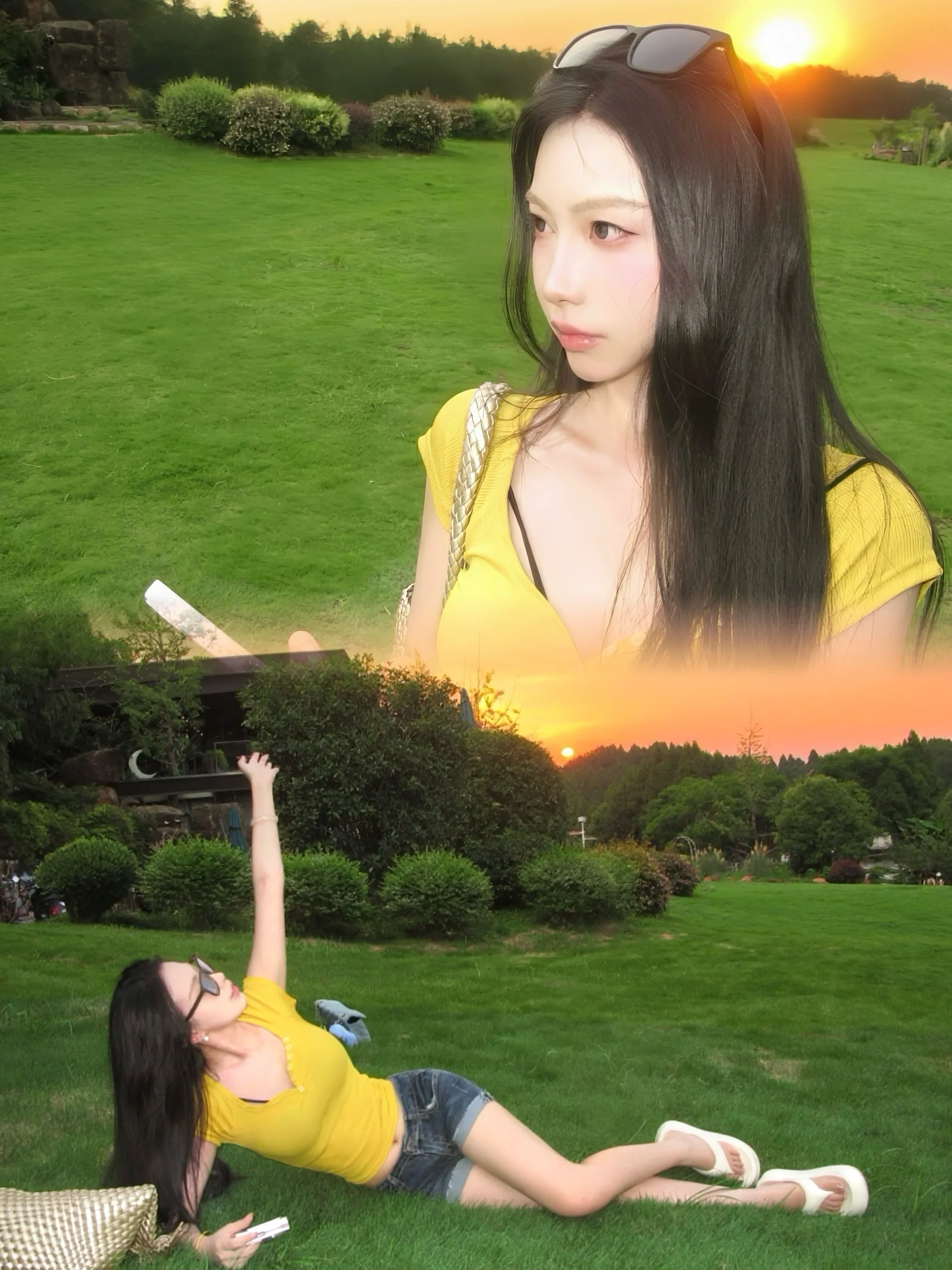 黄昏草坪与温柔侧脸