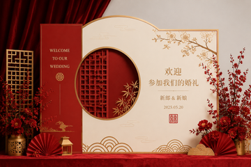 设计一套新中式风格的婚礼迎宾海报。主